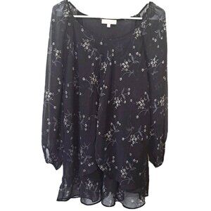Blousology Women's 2X Black Embroidered 3/4 Sleeve Tunic Blouse Sheer Lined